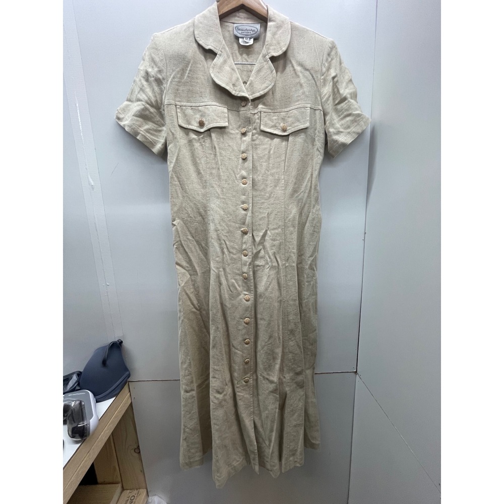 Stonebridge Petites Linen Button Down Lace Up Back Dress Beige 8P Vintage